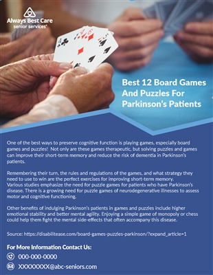 Best 12 Board Games And Puzzles For Parkinsonâ€™s Patients Flyer (2 Sided)